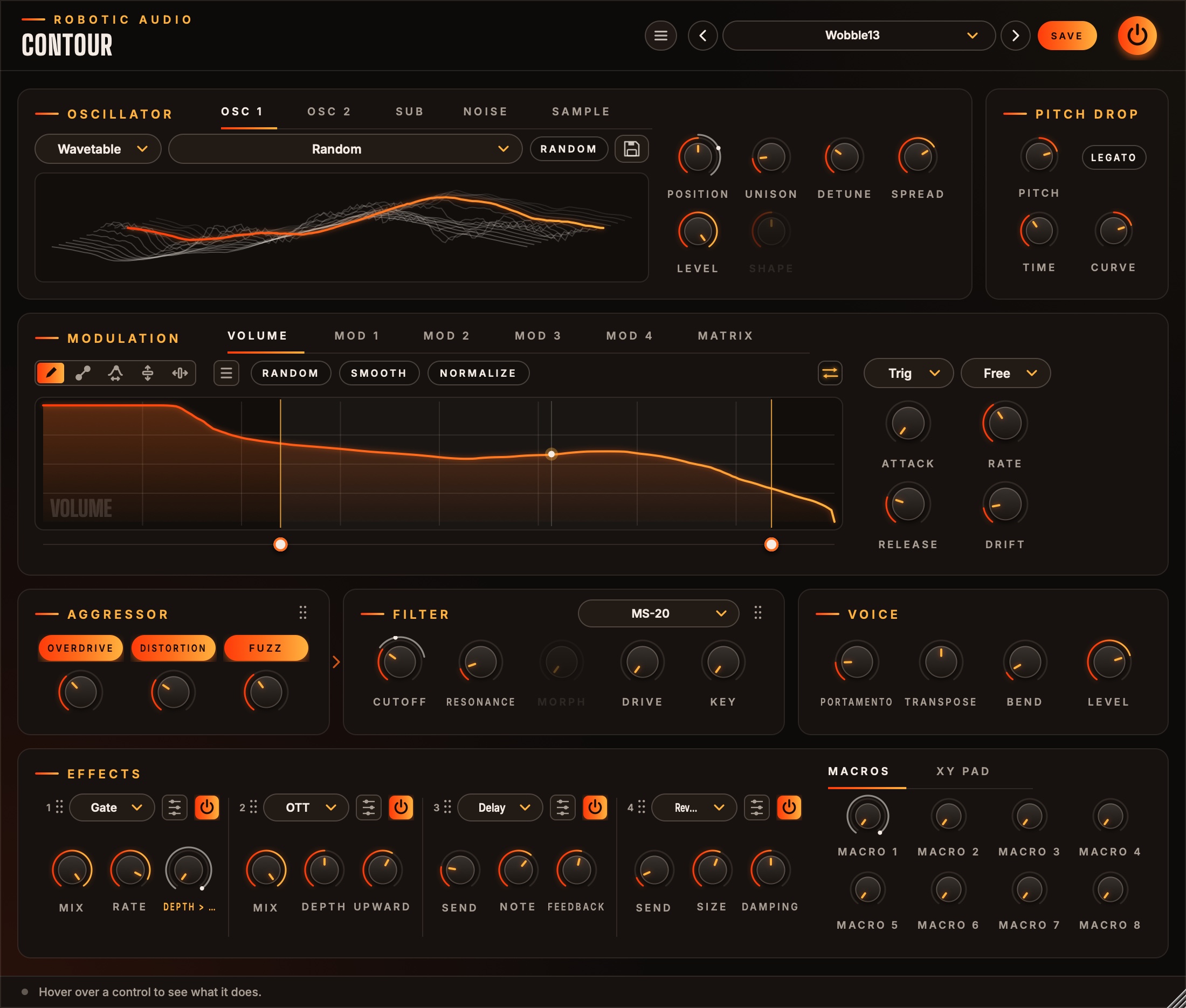 Contour's window: the sound sources and pitch drop on top, the drawn envelopes in the middle, then drive, filter, voice and the effects rack with its macros