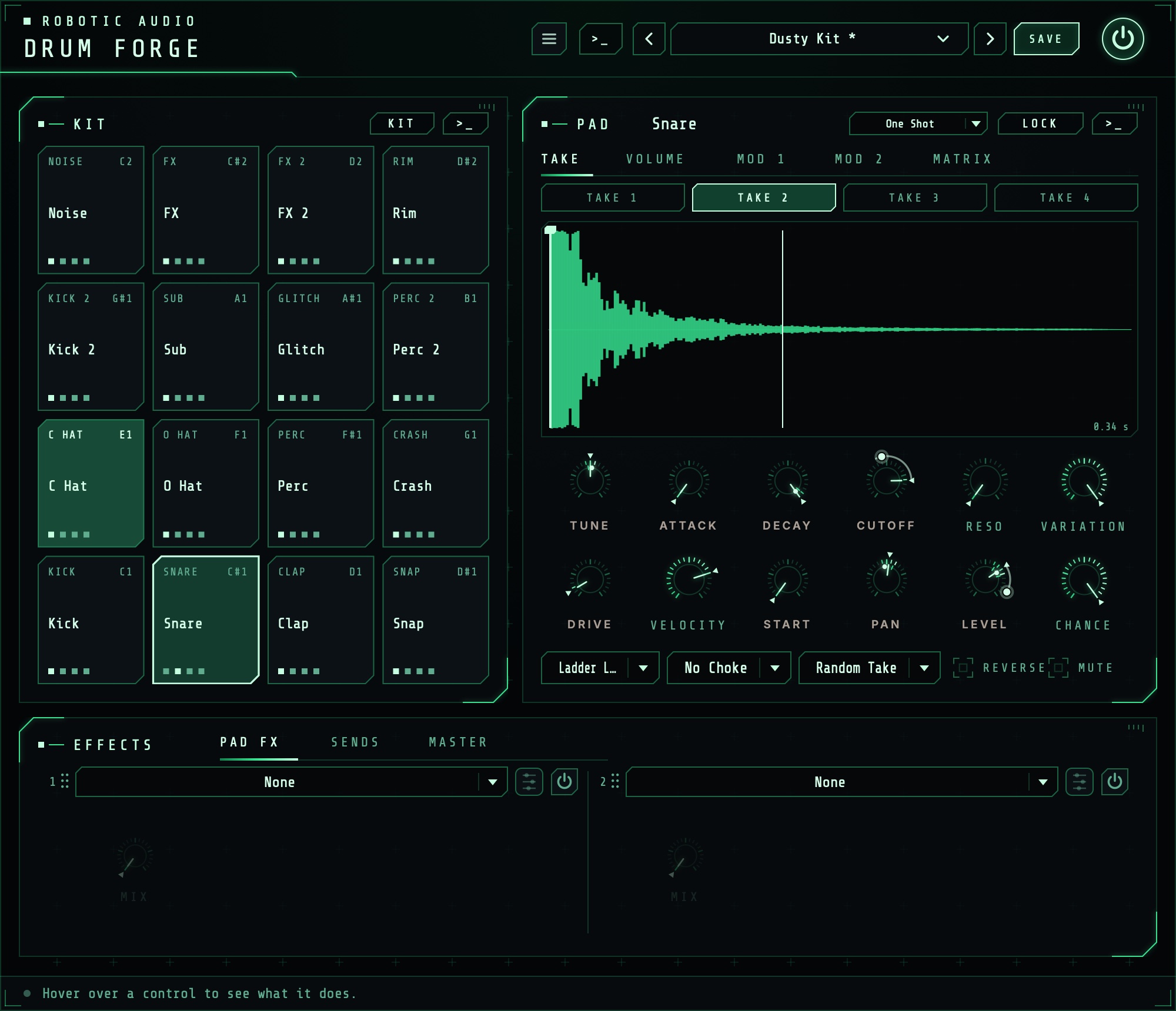 Drum Forge with a kit loaded: the sixteen pads on the left; the selected pad on the right, its takes and waveform over its sound; the effects along the bottom