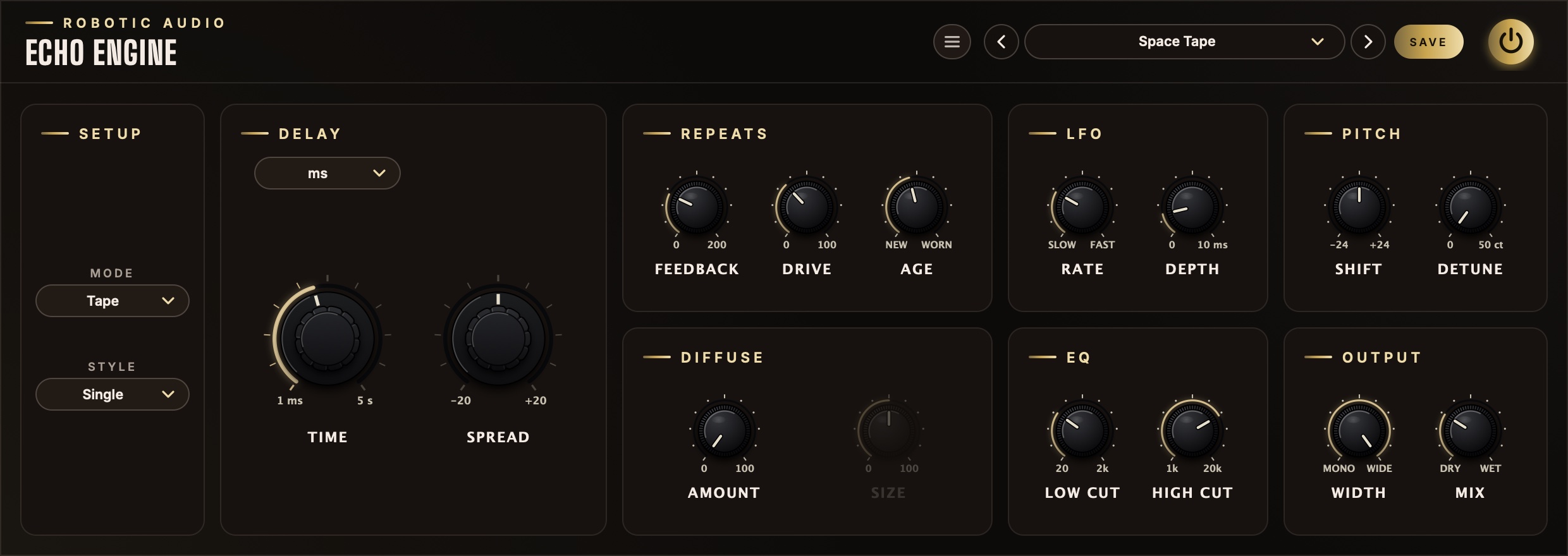 Echo Engine's window: setup, delay times, repeats, LFO, pitch, diffusion, EQ and output sections side by side