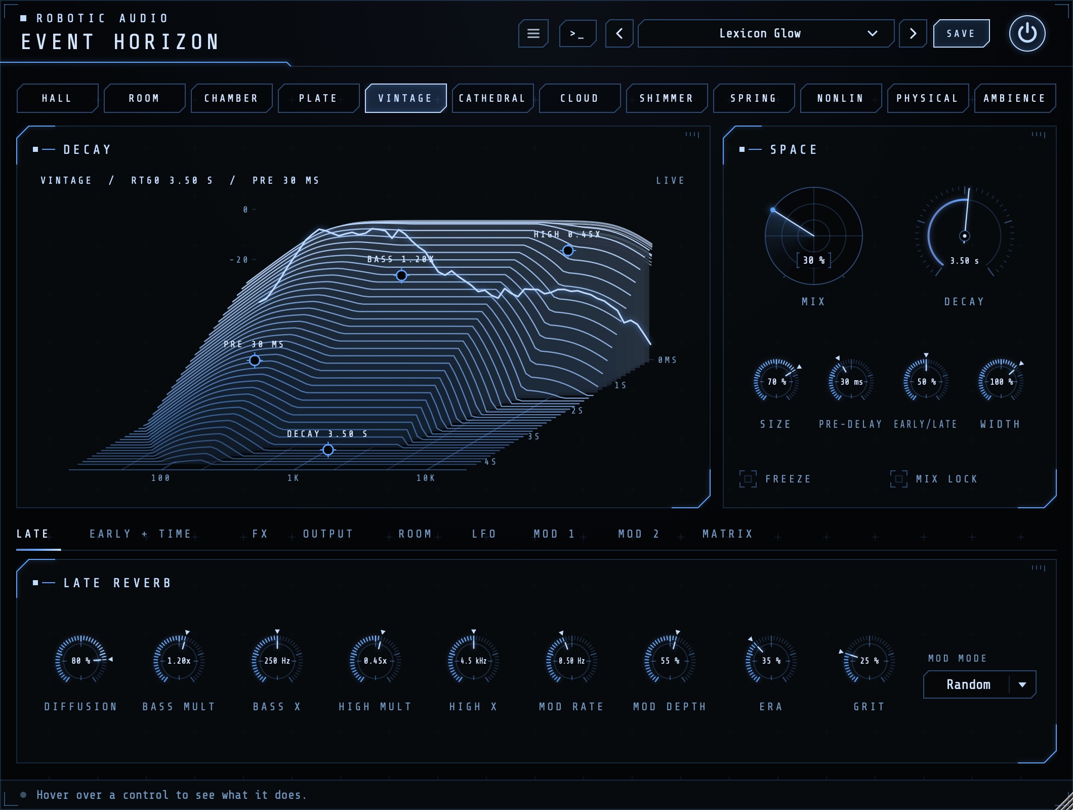 Event Horizon's window: the algorithm strip on top, the 3D decay landscape with its handles beside the Space controls, and the Late Reverb page below