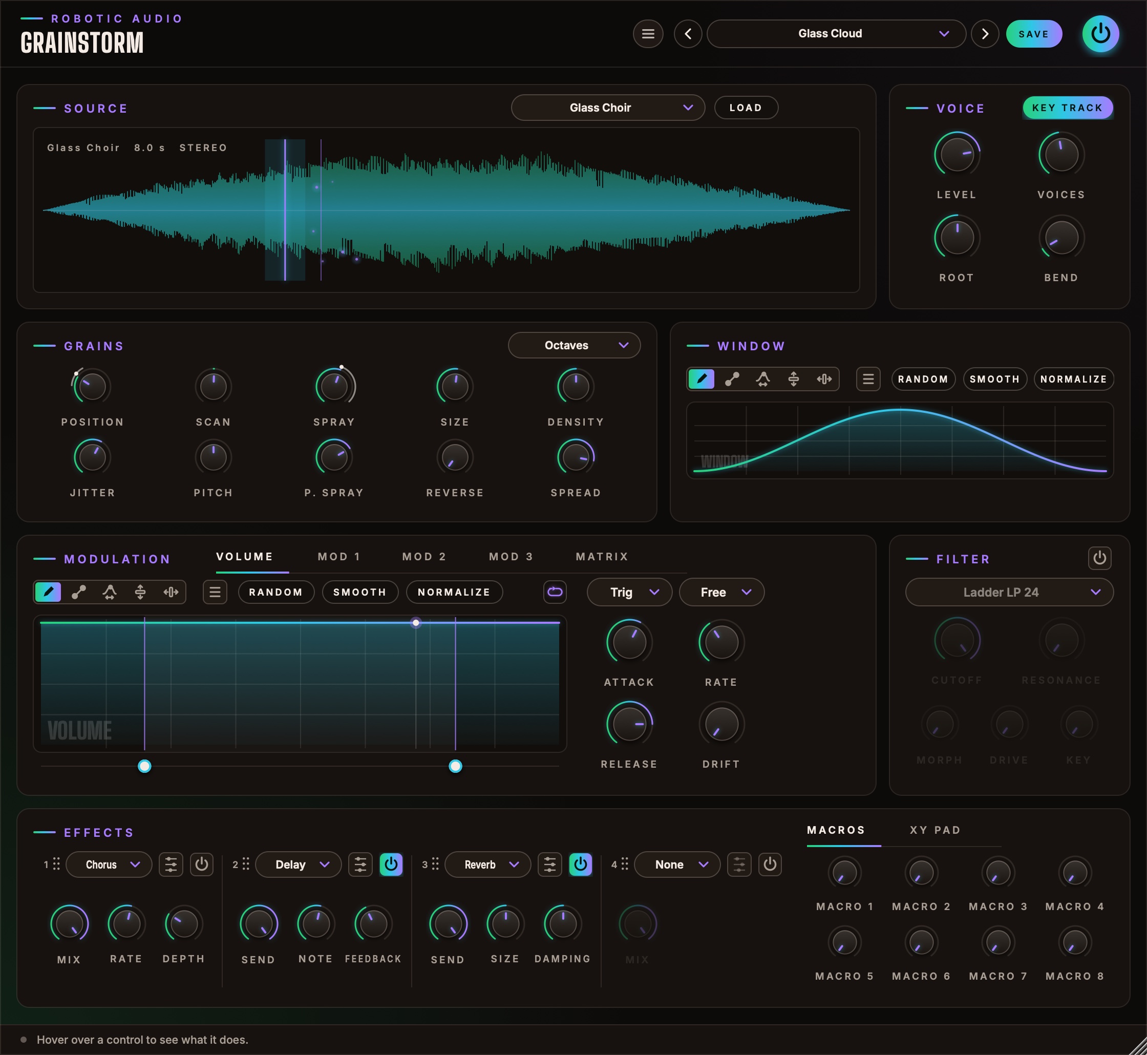 Grainstorm's window: the sample with the grains flying over it and the voice on top, the grain controls and their drawn window, the modulation and the filter, and the effects with the macros along the bottom