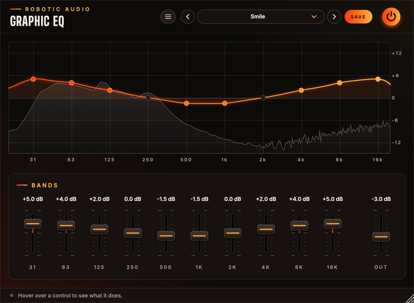 Graphic EQ on its Smile preset: the curve with a dot per band over the output's spectrum on top, the ten band sliders and the output below