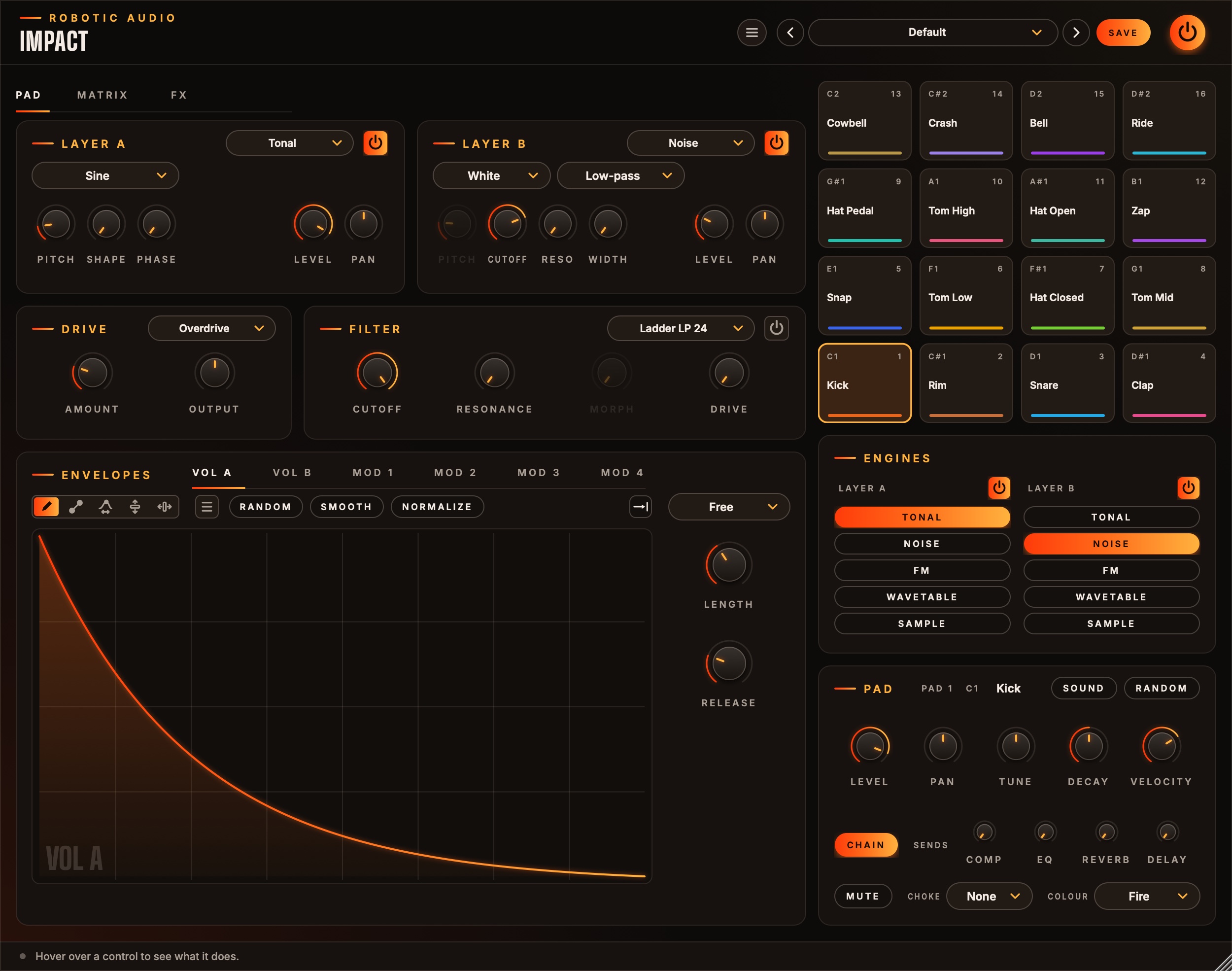 Impact on its Pad page: the selected pad's two layers, drive, filter and envelopes on the left; the sixteen pads, the layers' engines and the pad's mixer strip on the right