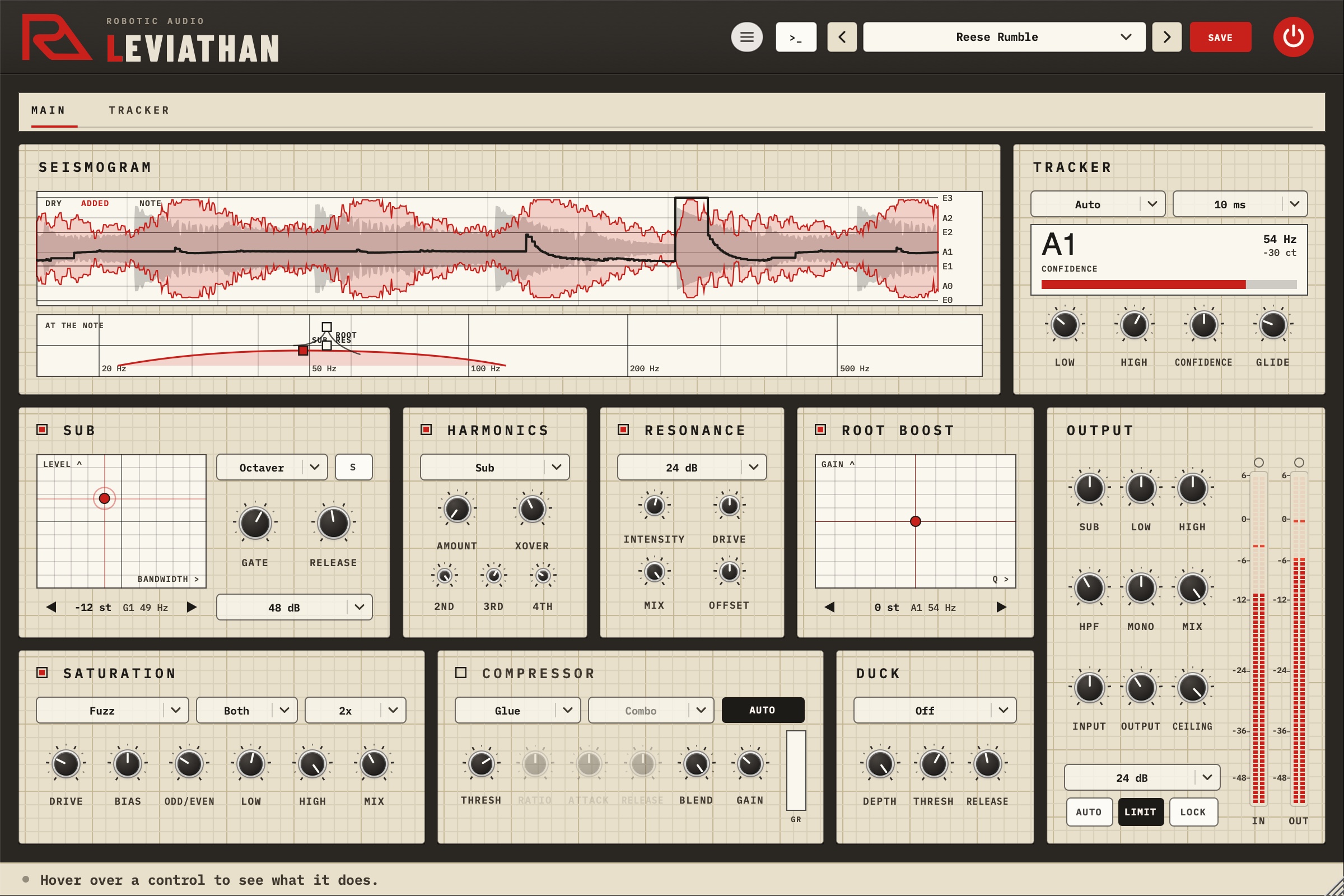 Leviathan's window playing the Reese Rumble preset: the seismogram tracing the bass in grey, what Leviathan adds in red and the tracked note as a black line, the tracker showing A1, the Sub, Harmonics, Resonance and Root Boost cards, Fuzz saturation, the compressor, the duck and the output meters