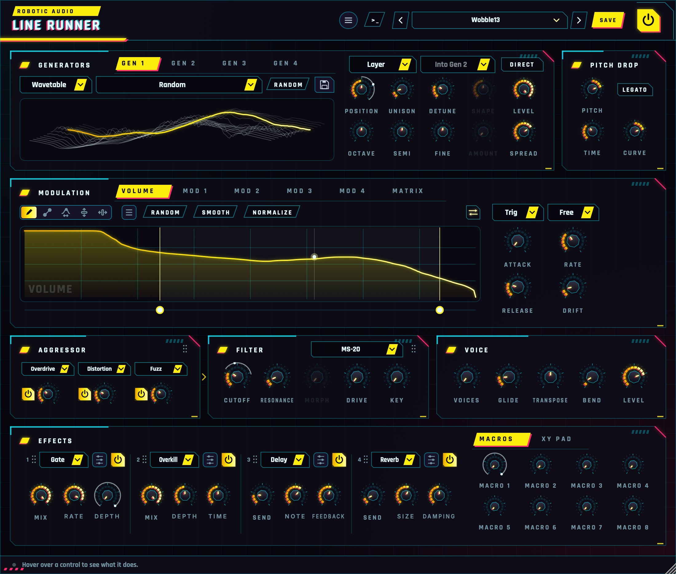 Line Runner's window: the four generators and the pitch drop on top, the drawn envelopes in the middle, then drive, filter, voice and the effects rack with its macros