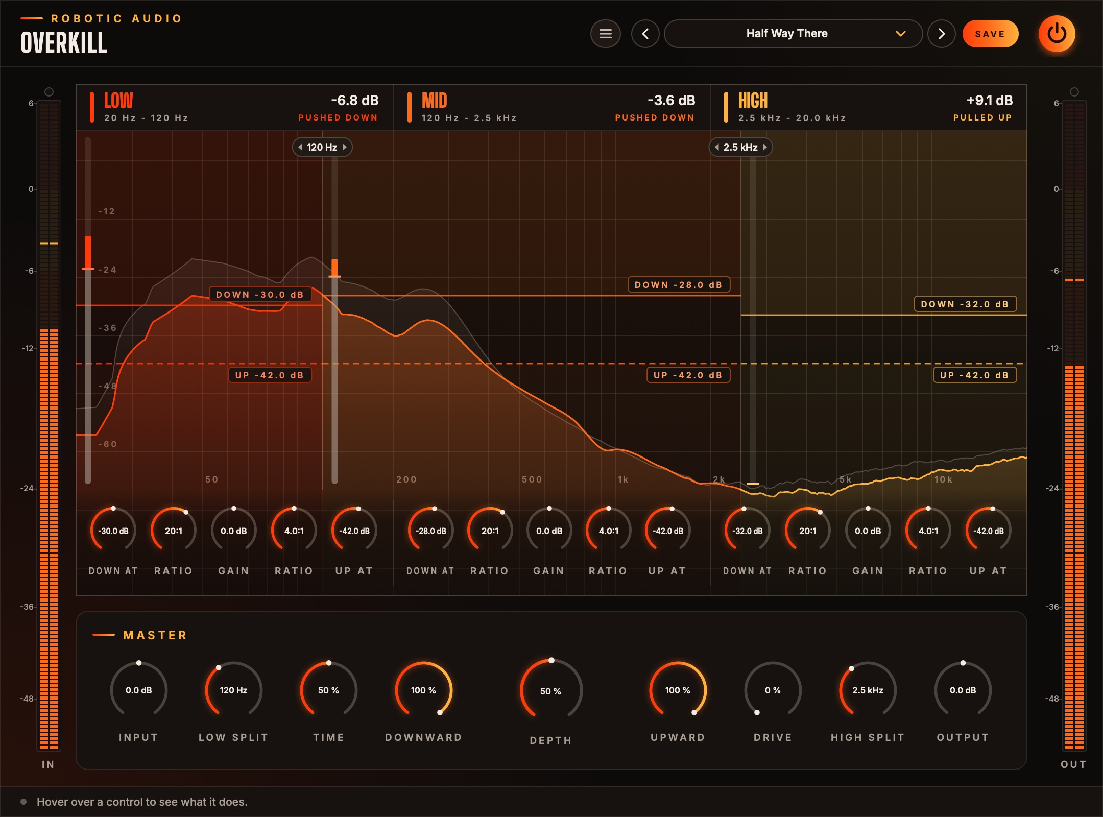 Overkill's window: the three bands side by side over the spectrum, each band's knobs along its bottom, the master controls below and level meters down the sides