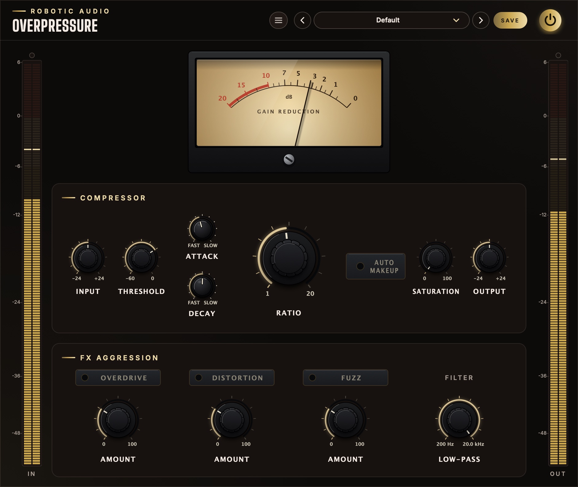 Overpressure's window: input and output meters, a gain-reduction VU meter, the compressor controls and the FX Aggression section