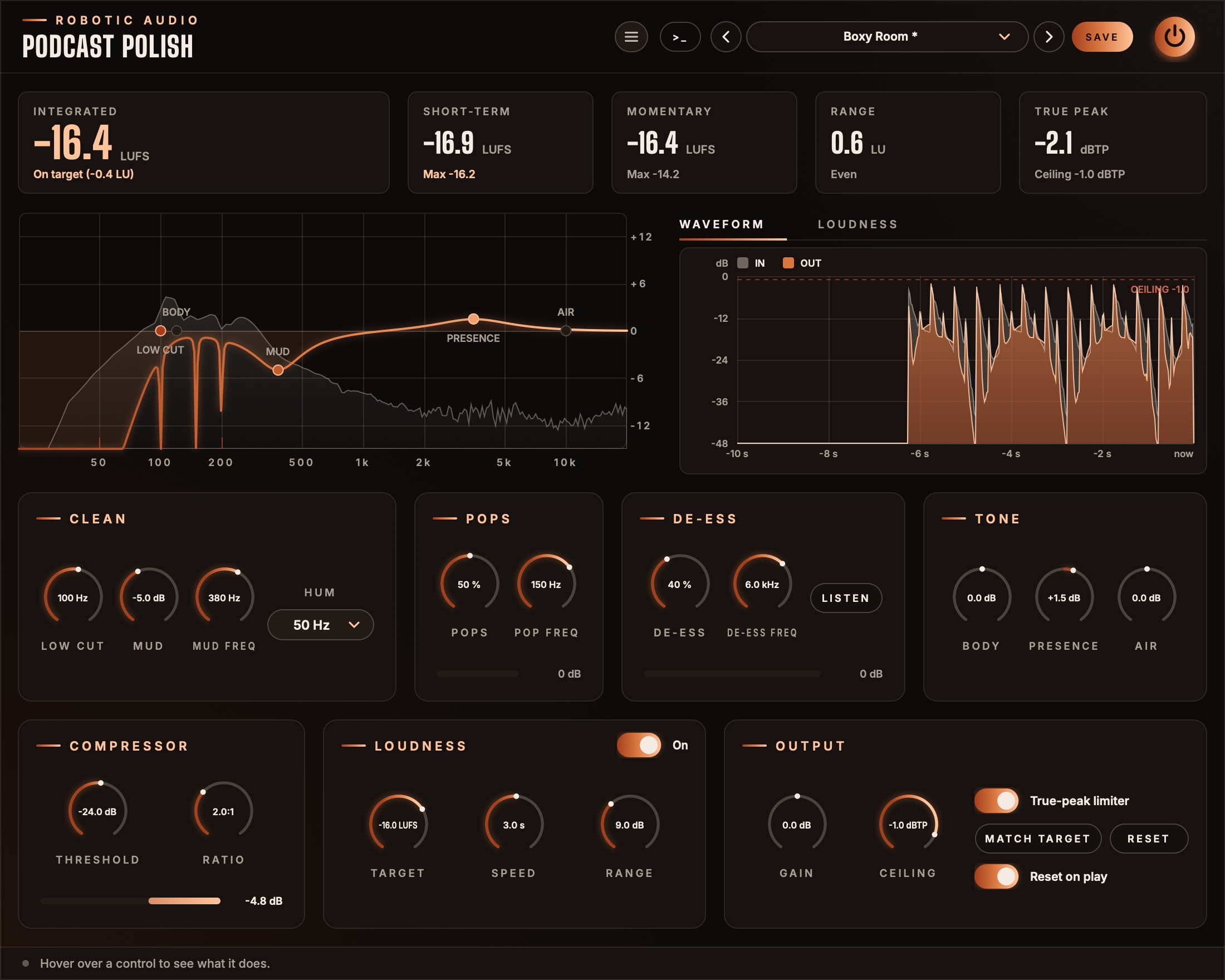 Podcast Polish's window: loudness readouts along the top, the EQ curve over the spectrum and the waveform before and after, and the cards in signal order: Clean, Pops, De-ess, Tone, Compressor, Loudness and Output