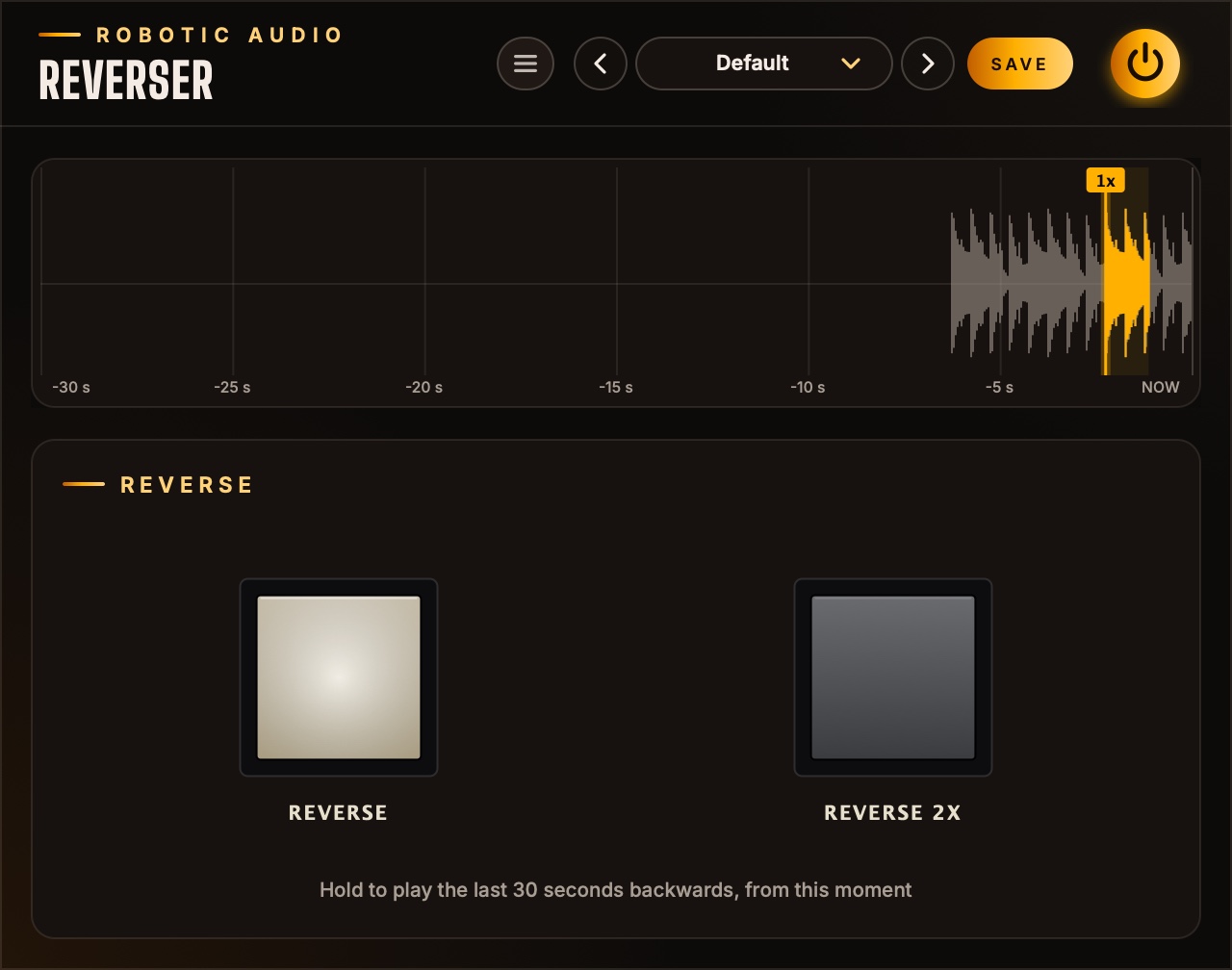 Reverser's window: a display of the recent audio with a playhead, above the Reverse and Reverse 2x buttons