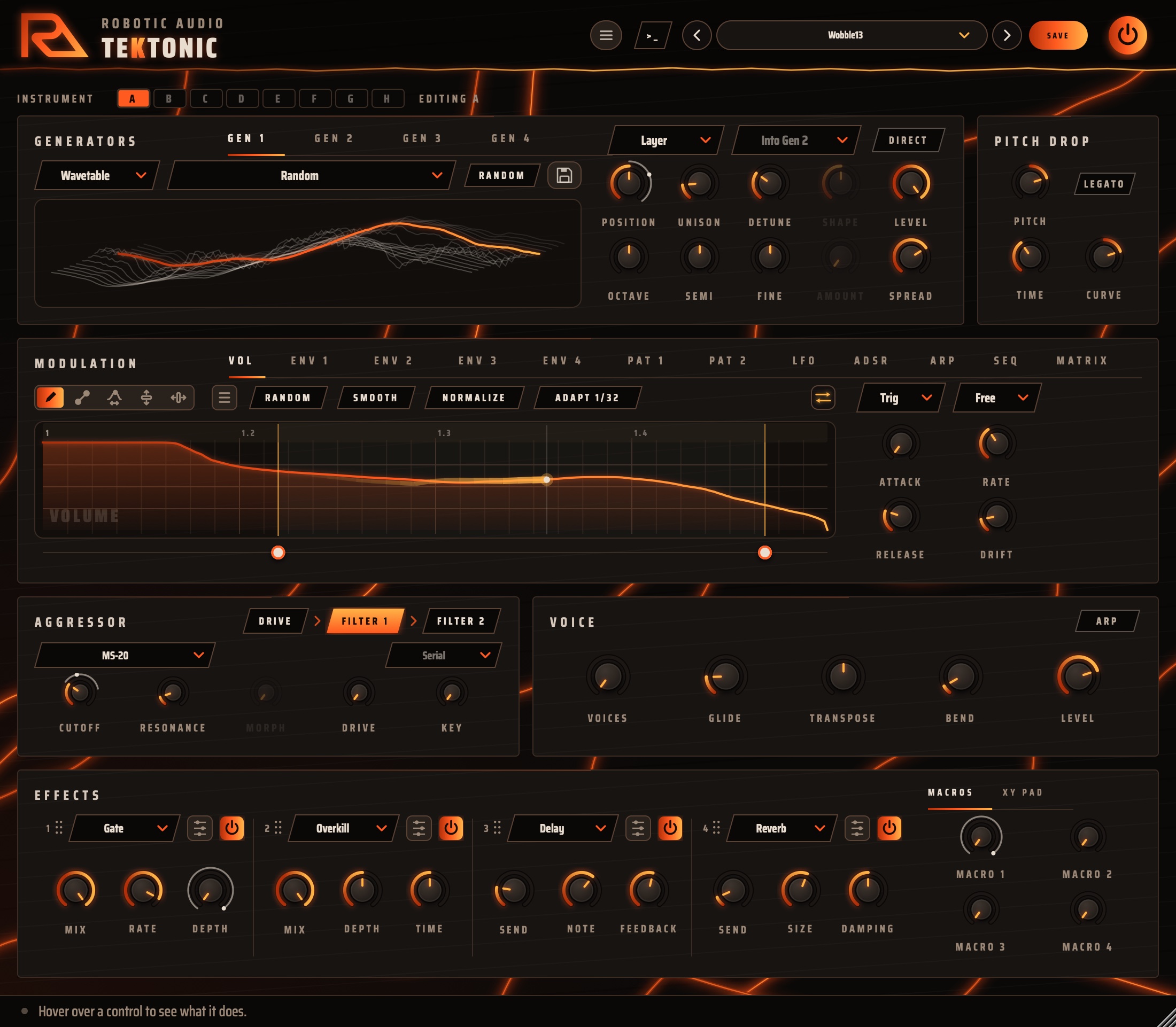Tektonic's window in its Magma look: the RA logo and the preset bar in the header, the instruments A to H, the four generators and the pitch drop, the drawn Volume envelope, then the Aggressor, the voice and the effects rack with its macros