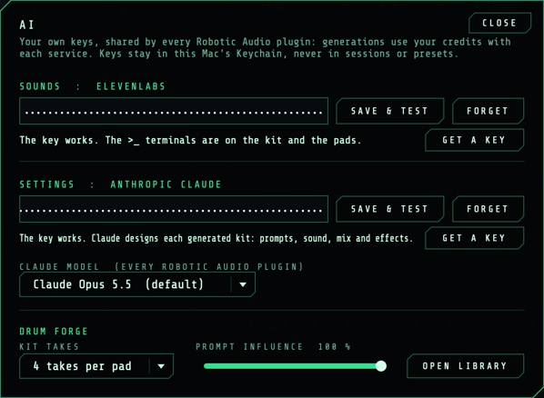 The AI panel: the ElevenLabs and Anthropic keys, the Claude model and Drum Forge's options