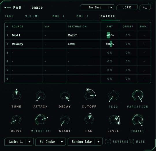 The pad card's MATRIX page with two routes
