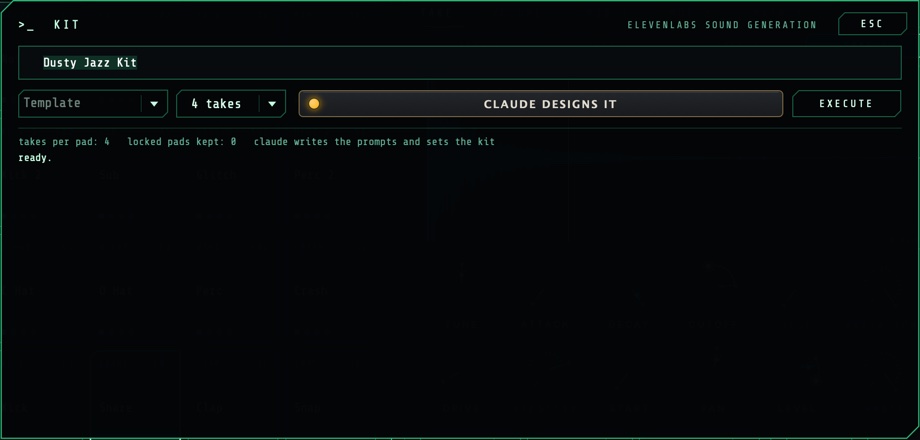 The kit's terminal: a style, the template and takes menus, CLAUDE DESIGNS IT and EXECUTE