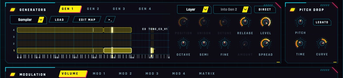 A generator set to Sampler, its sample map on the card