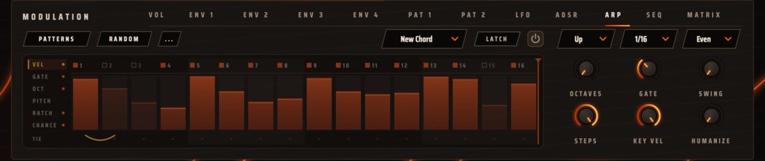 The Arp tab: the steps' velocity lane, with accents, two rests and a tie