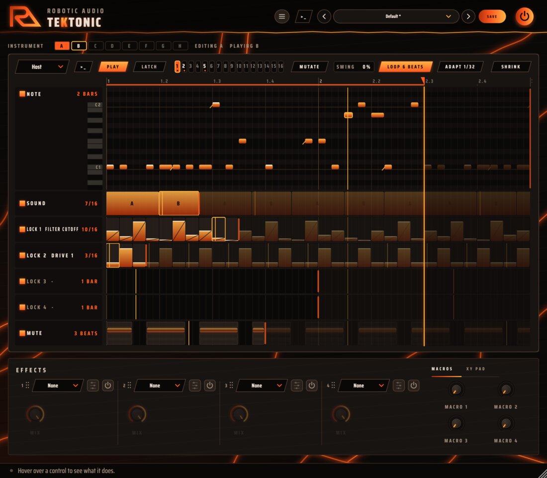 The sequencer expanded: the toolbar with the patterns, the instruments A-H, and the lanes NOTE, SOUND, two LOCK lanes holding the filter cutoff and the drive, and MUTE, each of its own length